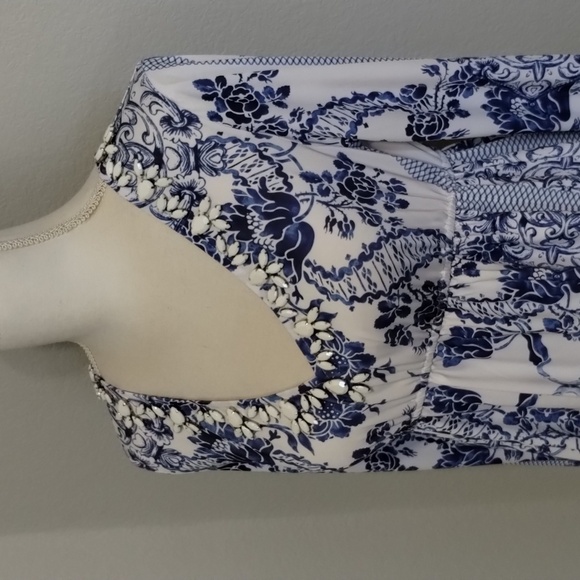 Boston Proper Blue White Floral Print Top V-Neckline Long Sleeve Embellishments - Picture 3 of 9